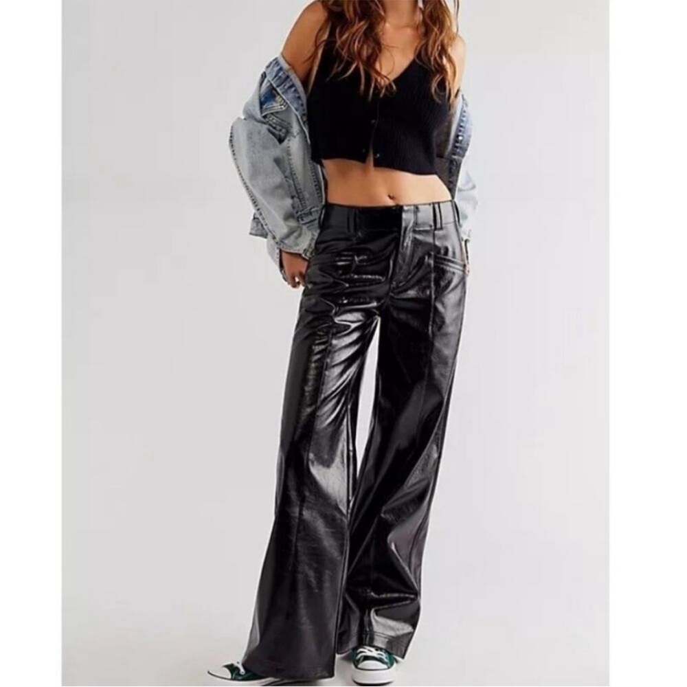 Free People Star Crossed Black Wide Leather Pants Sz 14